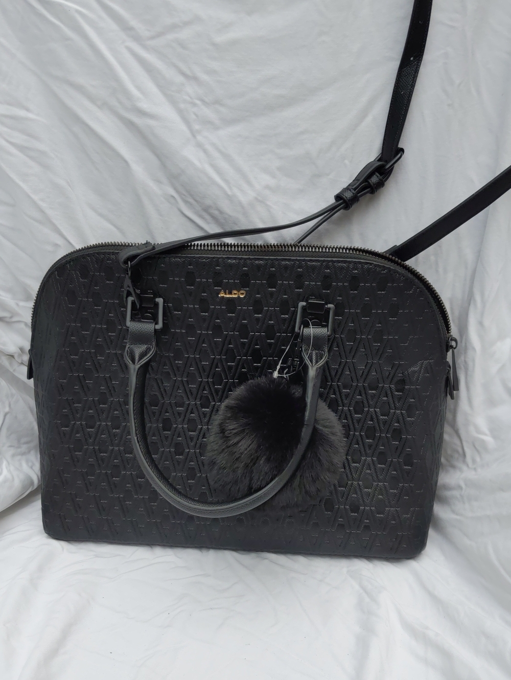 ALDO Black Textured Satchel with Fur Pom Charm
